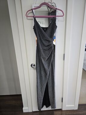 Windsor Silver Metallic Draped Maxi Dress